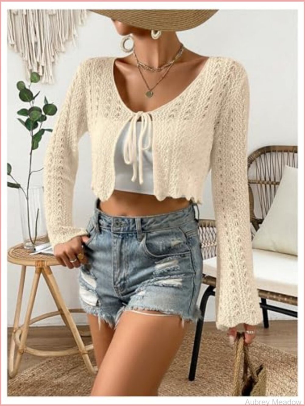 Tie Front Cardigan Trumpet Sleeve Pointelle Knit Crop Top - Picture 3 of 5